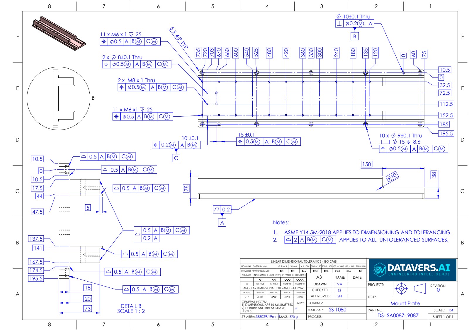 2D engineering drawing of the mount plate — views, sections, dimensions and notes