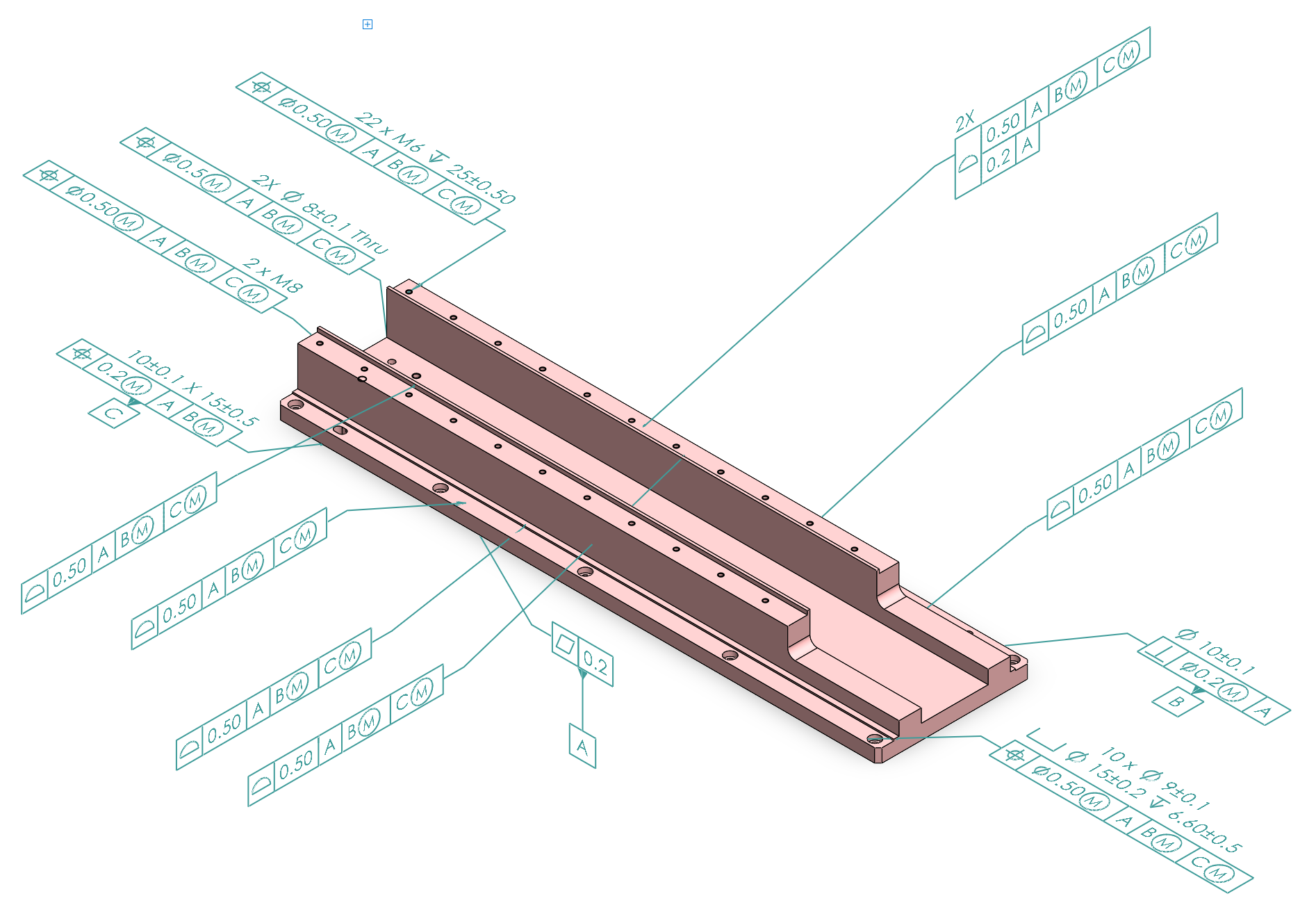 The same mount plate carrying semantic 3D PMI — GD&T, dimensions, datums and notes applied to the model